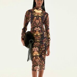 NEW FARM Rio Black Berry Garden Tulle Midi Dress Mesh Fitted Black Size XL